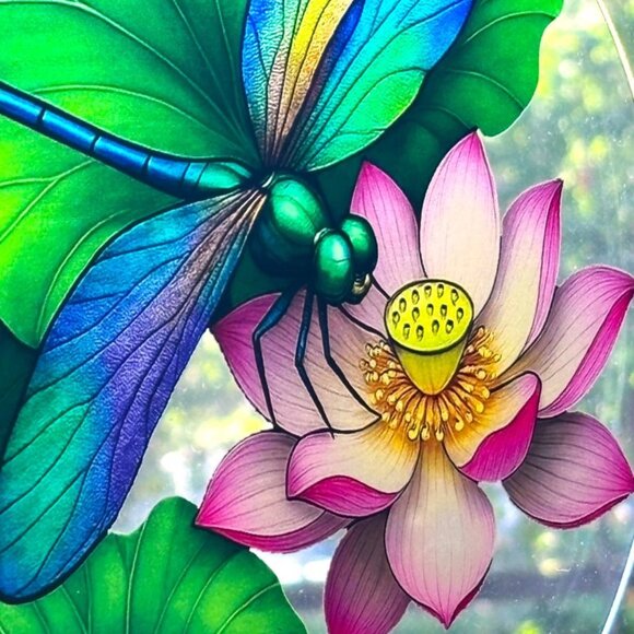 Vibrant Dragonfly on Pink Water Lotus Acrylic Window Hanging Sun Catcher New - Picture 2 of 3